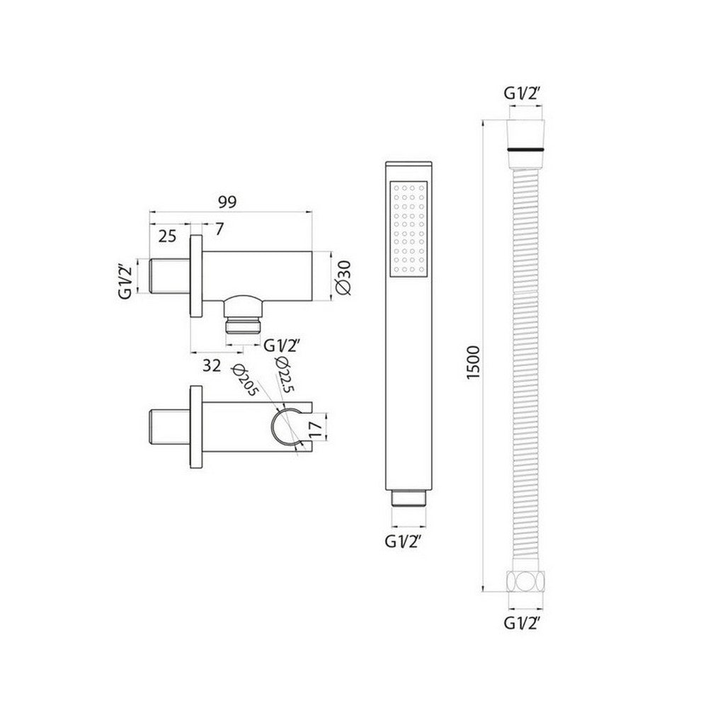 Scudo Chrome Rounded Outlet Elbow with Shower Hose and Handset Dimensions