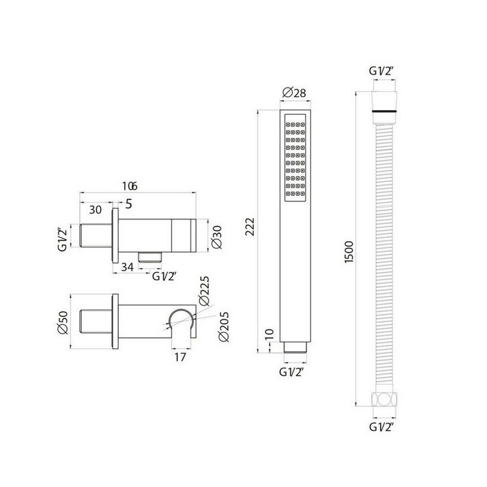 Scudo Chrome Squared Outlet Elbow with Shower Hose and Handset Dimensions