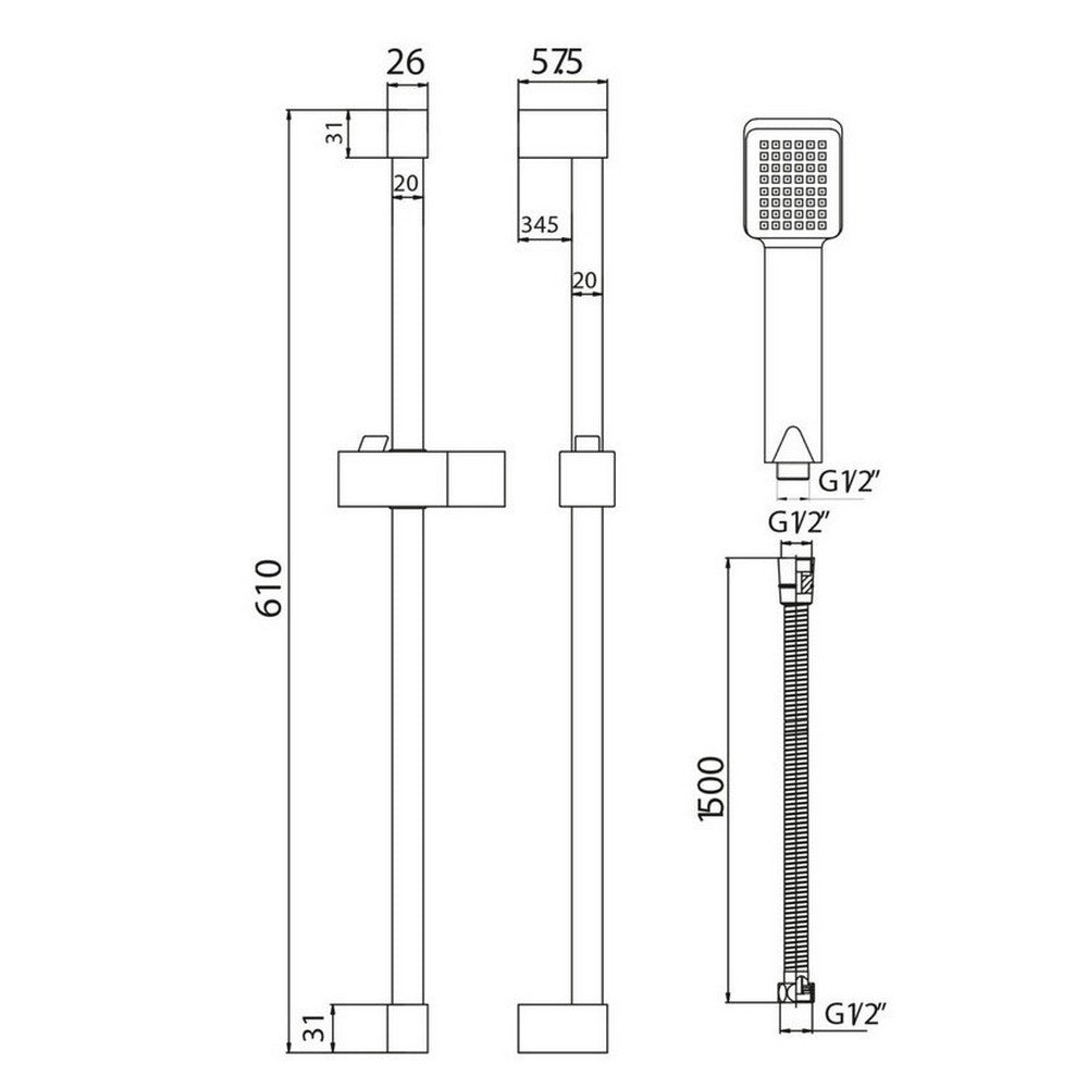 Scudo Chrome Squared Riser Rail Kit with Single Function Handset Dimensions