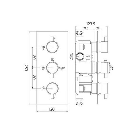 Scudo Chrome Triple Round Handle Concealed Shower Valve Dimensions