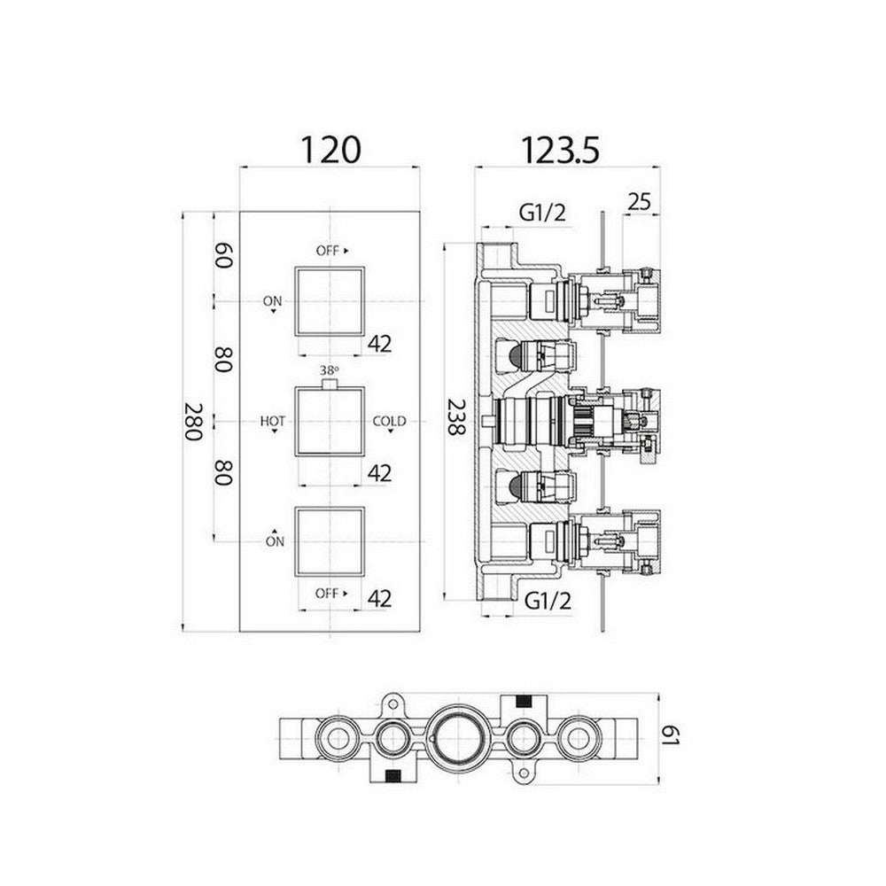 Scudo Chrome Triple Squared Handle Concealed Shower Valve with Diverter Dimensions