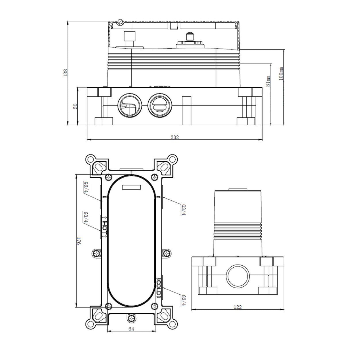 Scudo Concealed Two Outlet Shower Valve with Chrome Plate dimensions