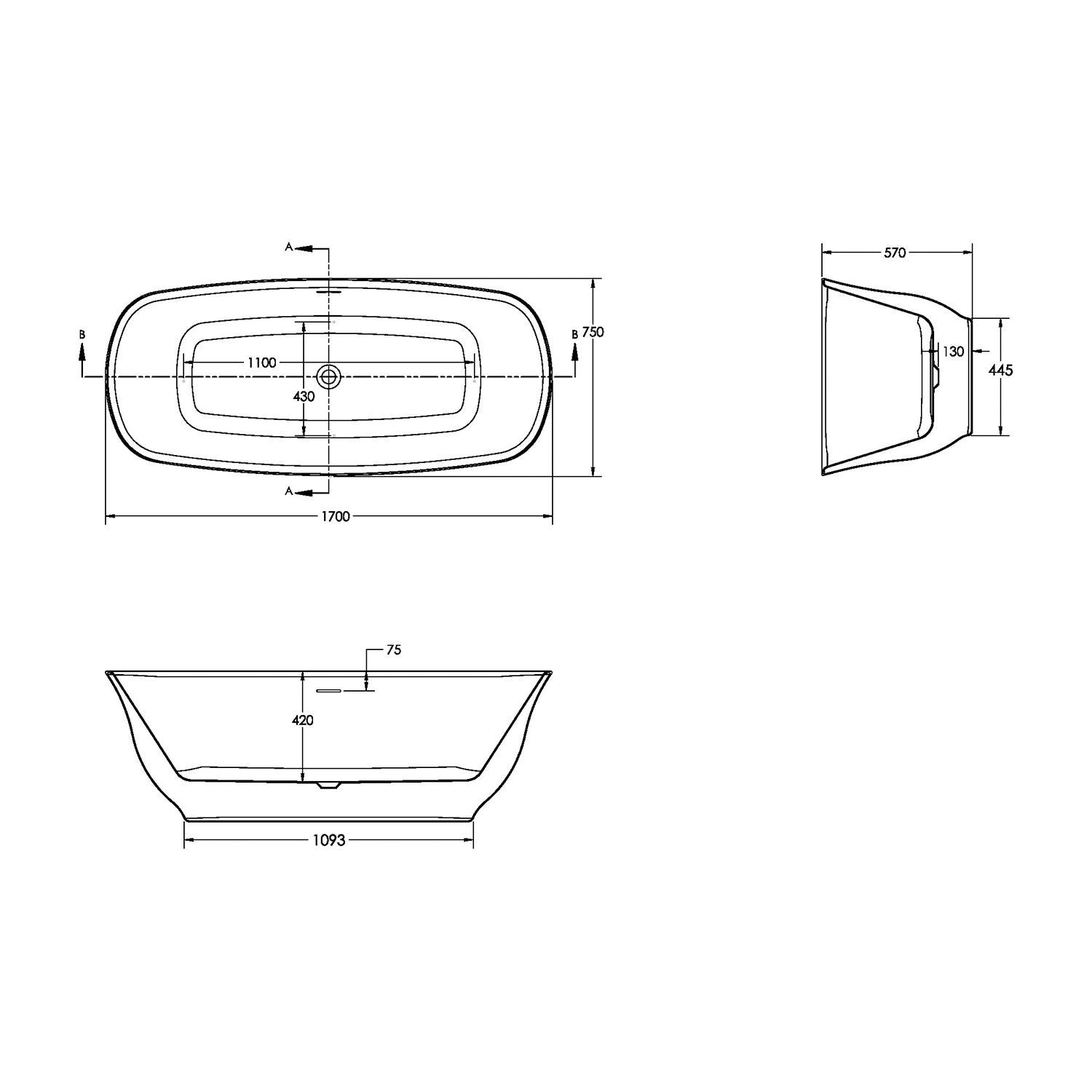 Scudo Coral 1700 x 750mm Freestanding Bath in Gloss White dimensions