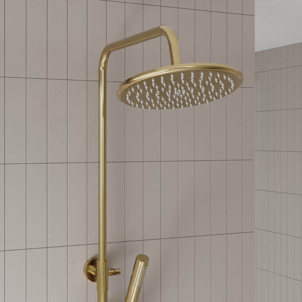 Scudo Core Brushed Brass Round Rigid Riser Shower lifestyle 2