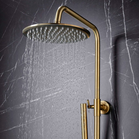 Scudo Core Brushed Brass Round Rigid Riser Shower lifestyle 3