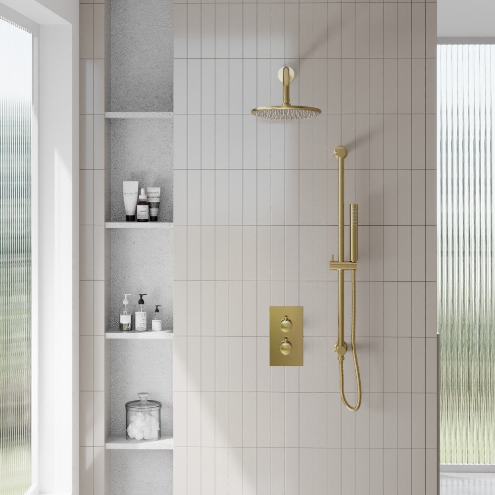 Scudo Core Brushed Brass Round Valve with Riser Kit and Head lifestyle 1