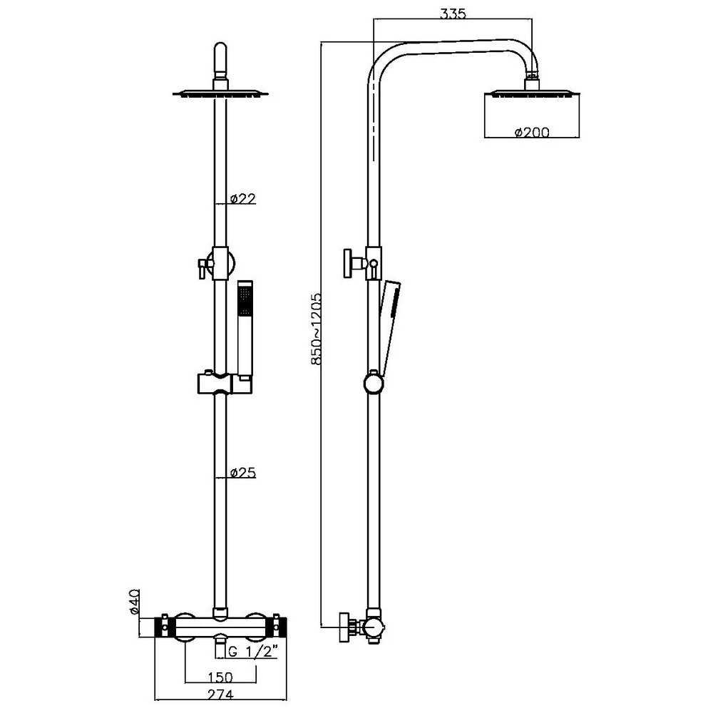 NU-042 Scudo Core Brushed Bronze Round Rigid Riser Shower Line Drawing