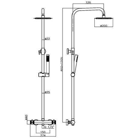 NU-042 Scudo Core Brushed Bronze Round Rigid Riser Shower Line Drawing