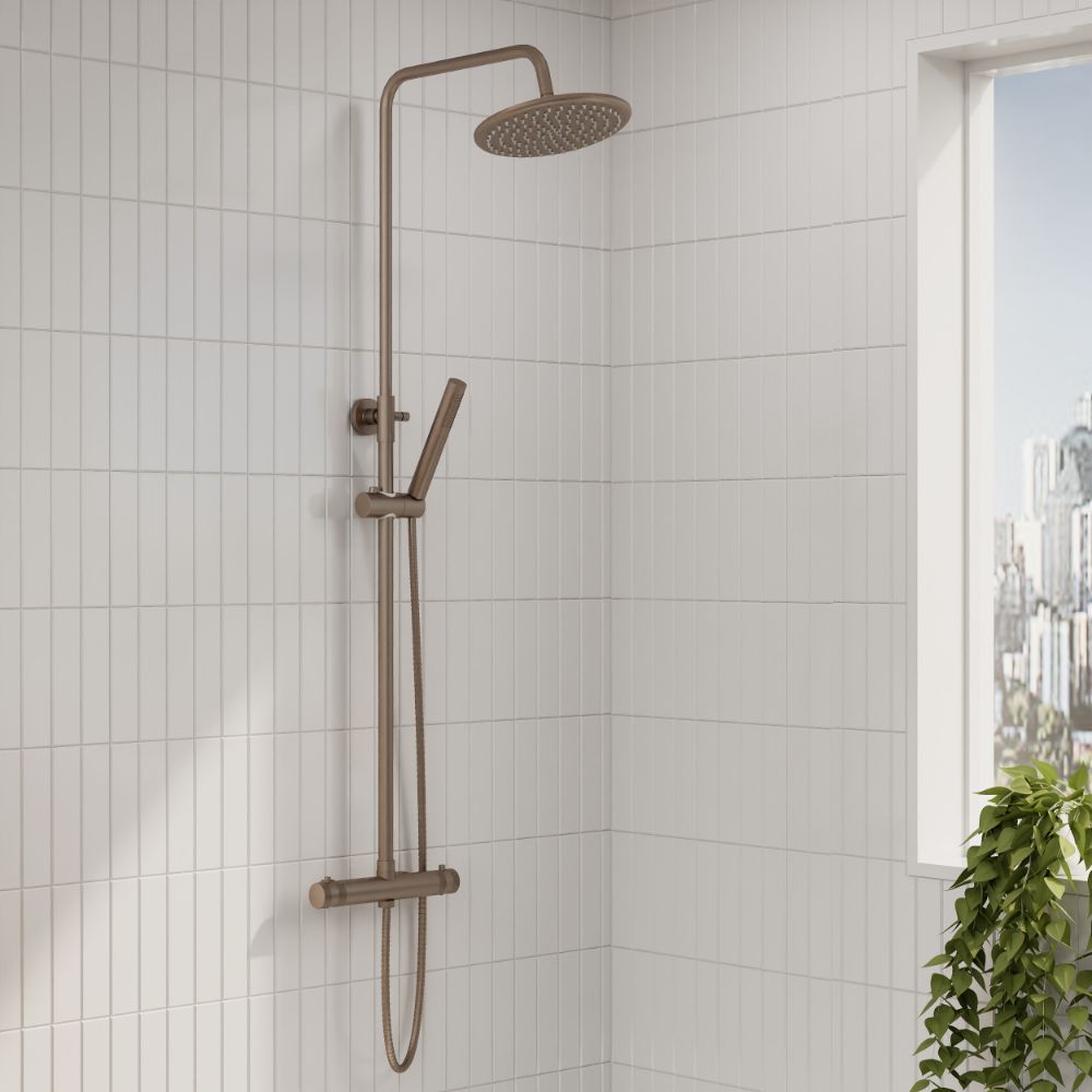 Scudo Core Brushed Bronze Round Rigid Riser Shower lifestyle 1