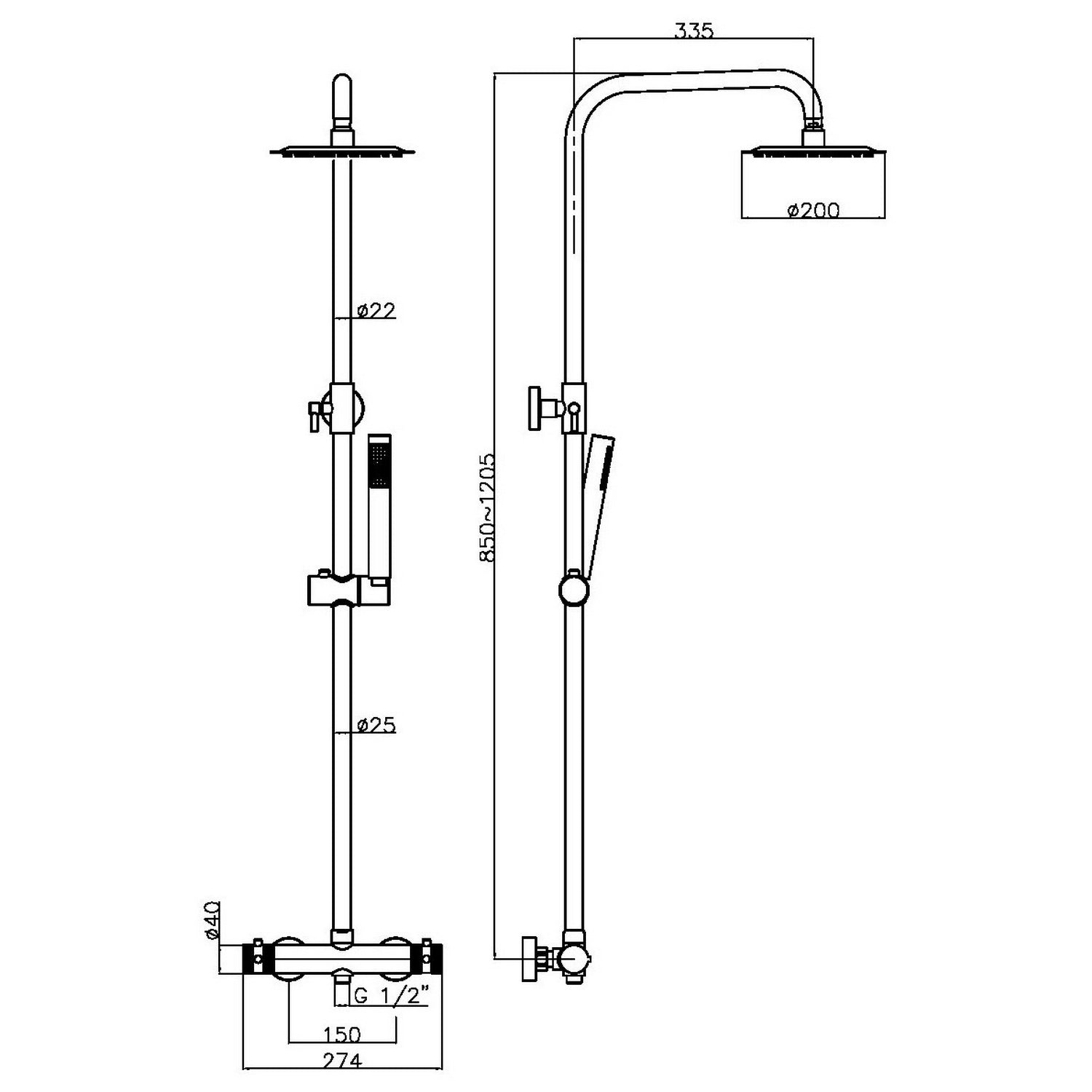 Scudo Core Brushed Nickel Round Rigid Riser Shower dimensions