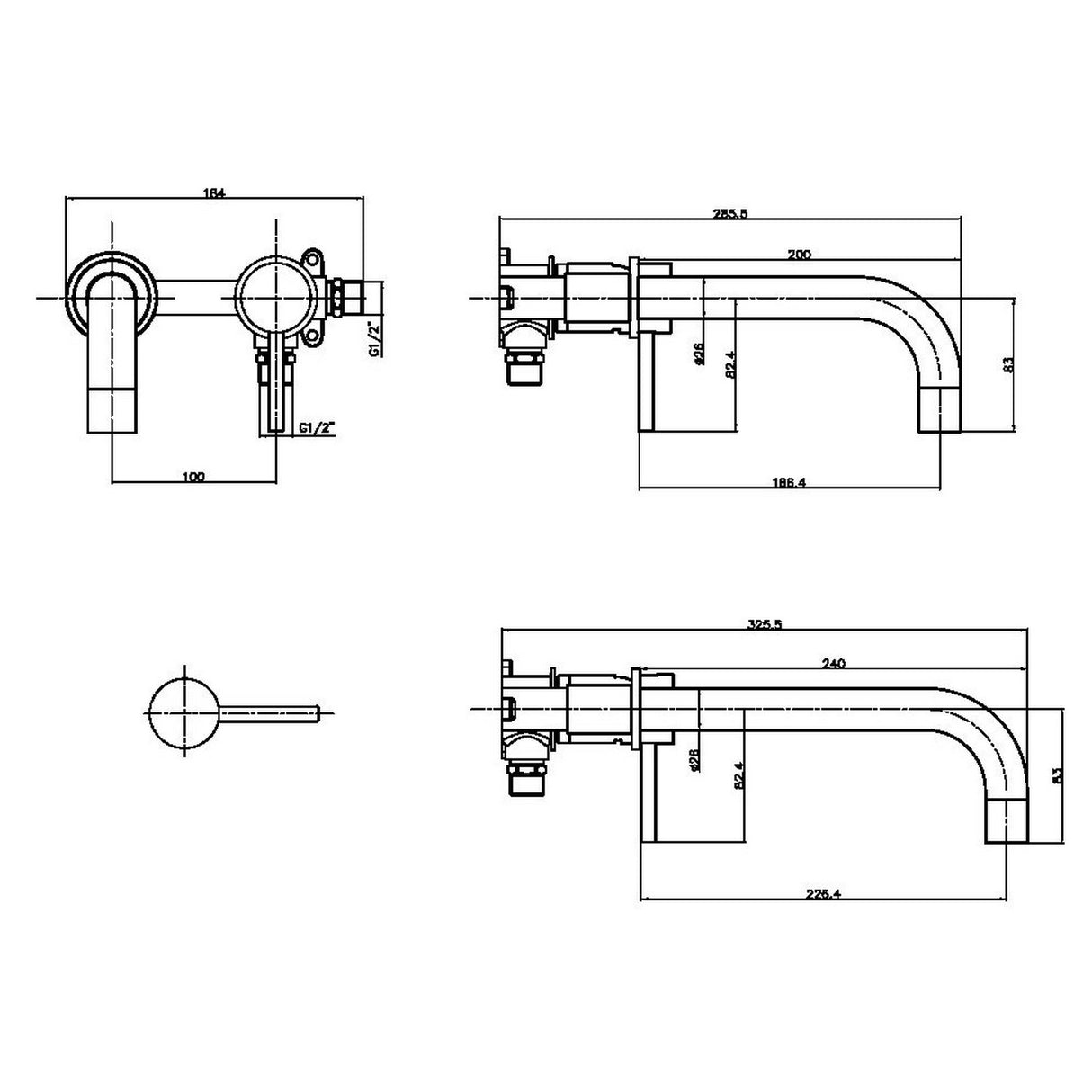 Scudo Core Brushed Nickel Wall Mounted Basin Tap lline drawning