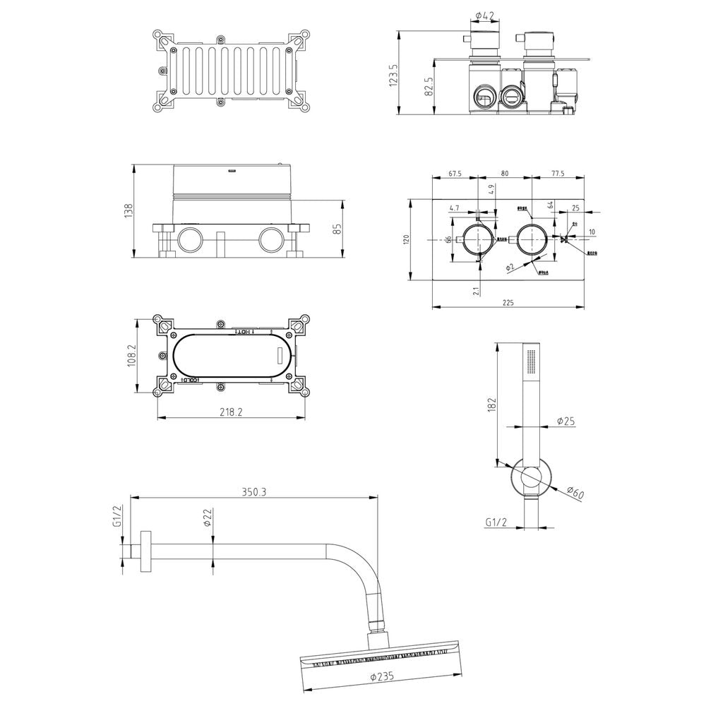 NU-028 Scudo Core Chrome Concealed Shower with Fixed Head and Handset Line Drawing