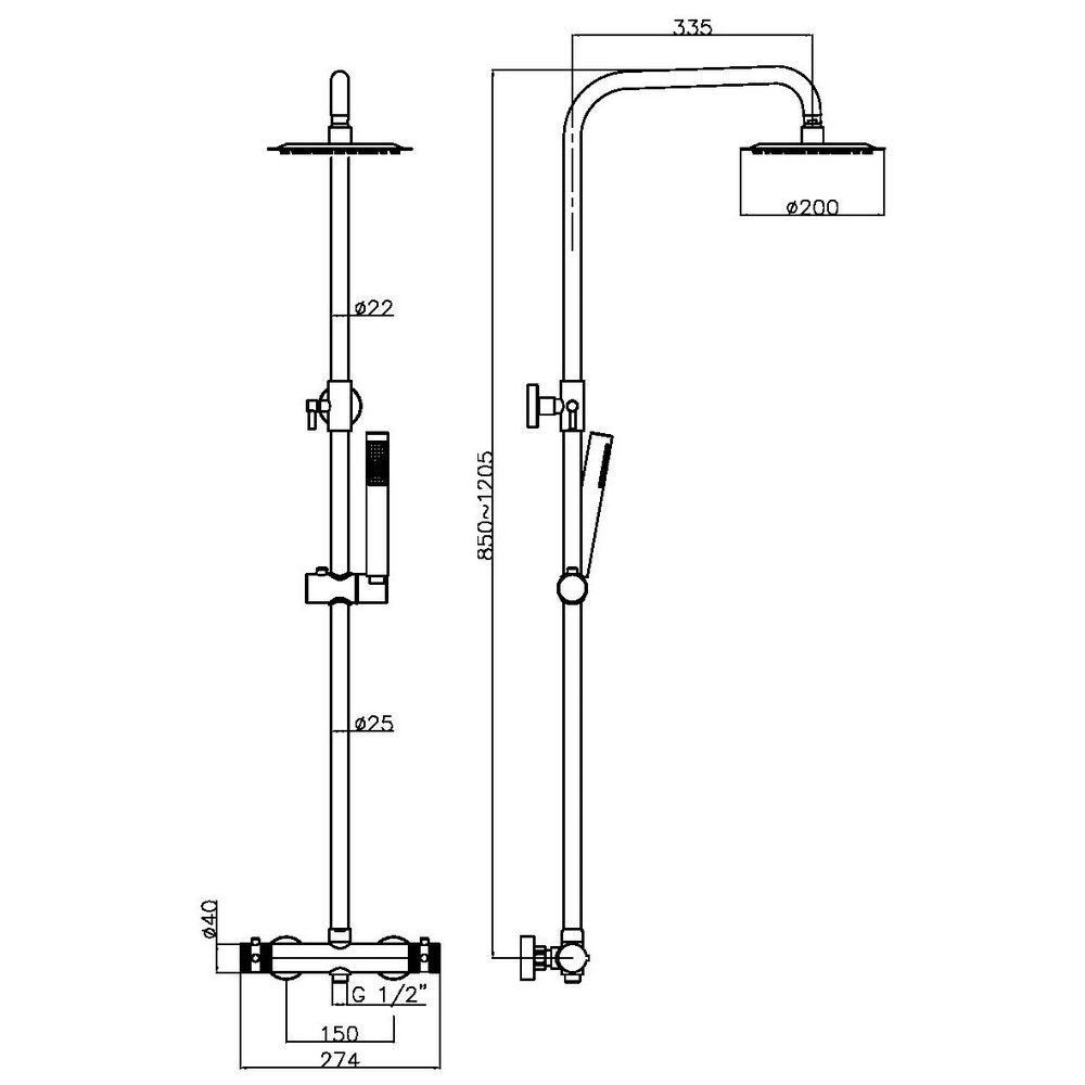 NU-019 Scudo Core Chrome Round Rigid Riser Shower Line Drawing