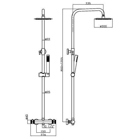 NU-019 Scudo Core Chrome Round Rigid Riser Shower Line Drawing