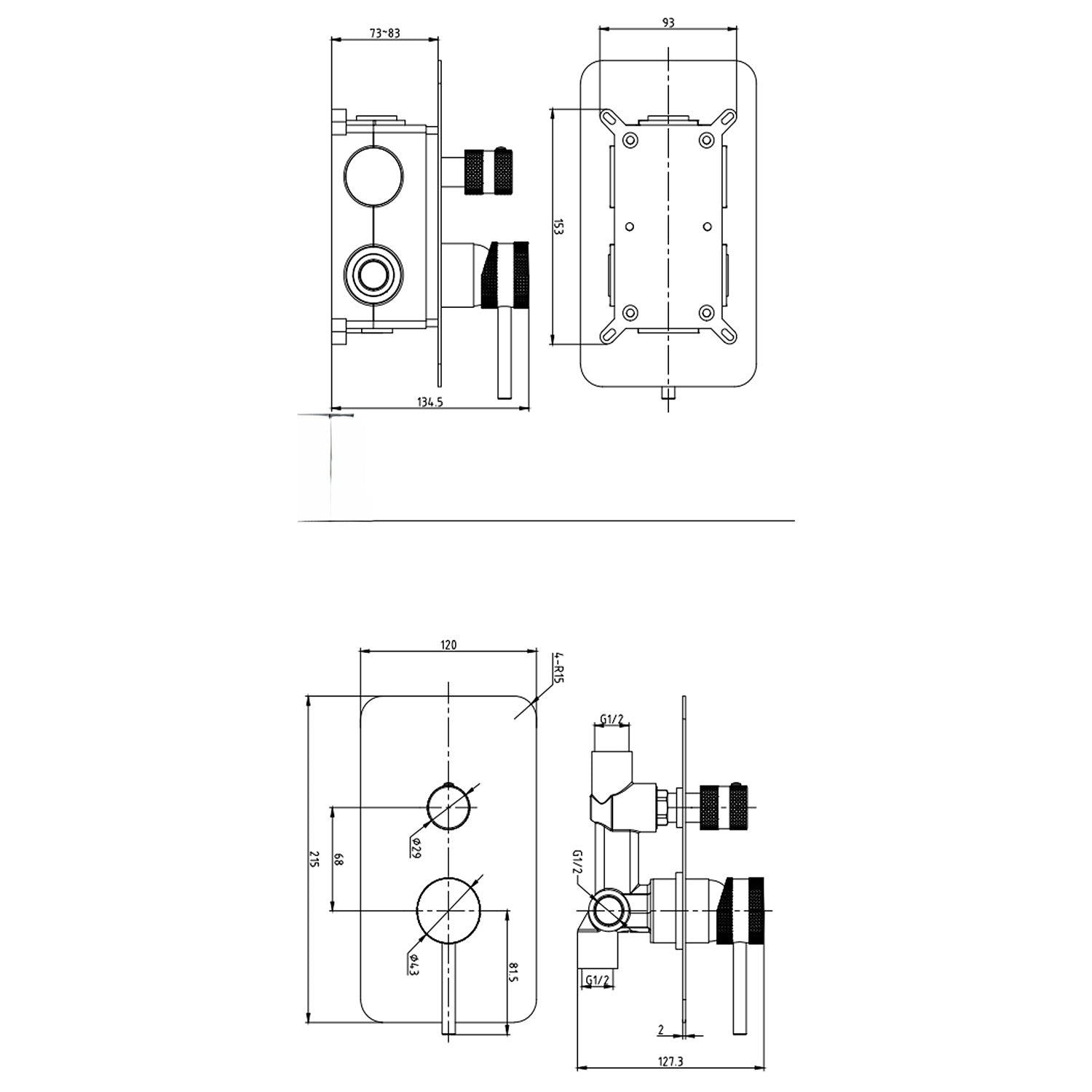 Scudo Core Concealed Manual Dual Outlet Shower Valve in Chrome dimensions