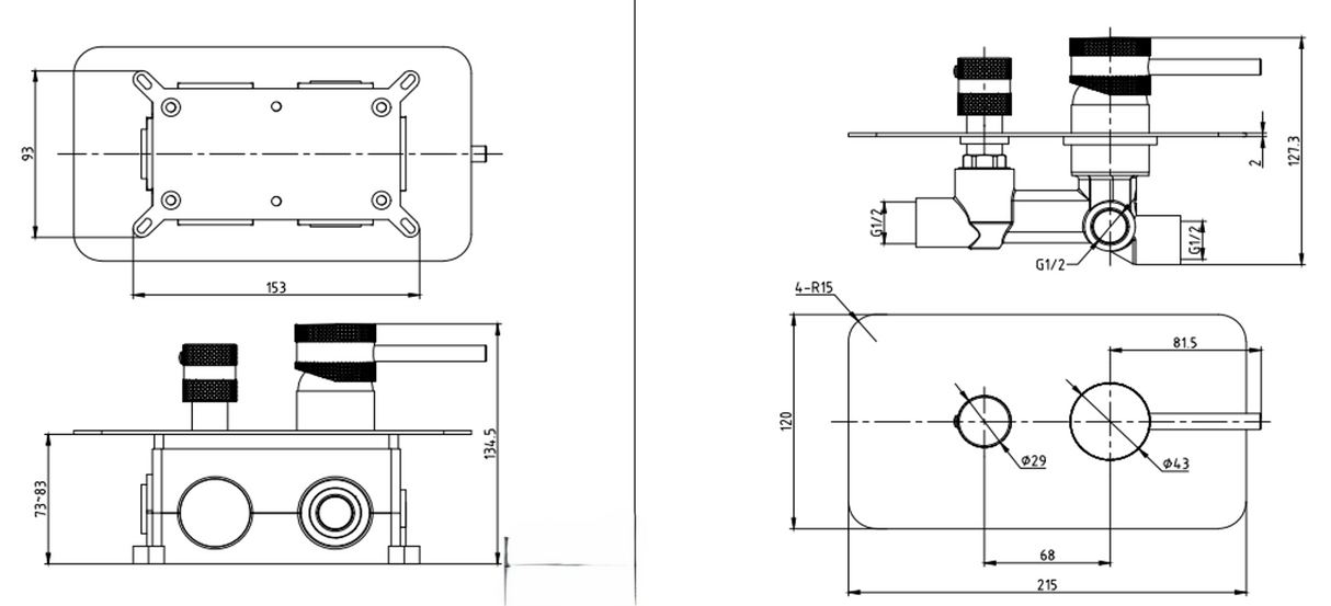 Scudo Core Manual Dual Outlet Concealed Shower Valve in Gunmetal line drawing