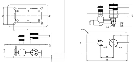 Scudo Core Manual Dual Outlet Concealed Shower Valve in Matt Black line drawing