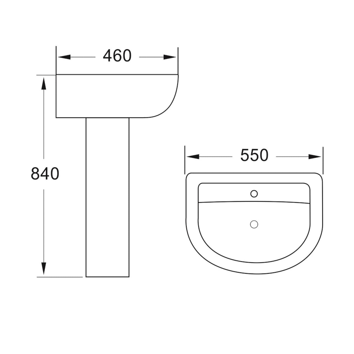 Scudo Deia Belini 450mm One Tap Hole Basin with Full Pedestal dimensions