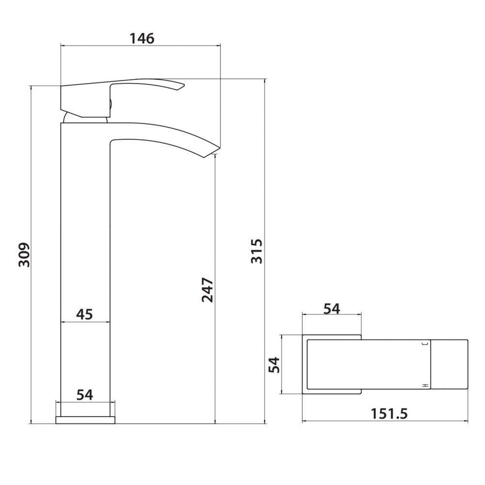 BLACK252ORBL Scudo Descent Black Tall Basin Mixer Line Drawing