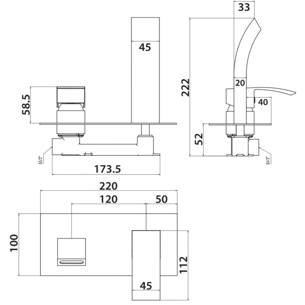 BLACK253ORBL Scudo Descent Black Wall Mounted Basin Mixer Line Drawing