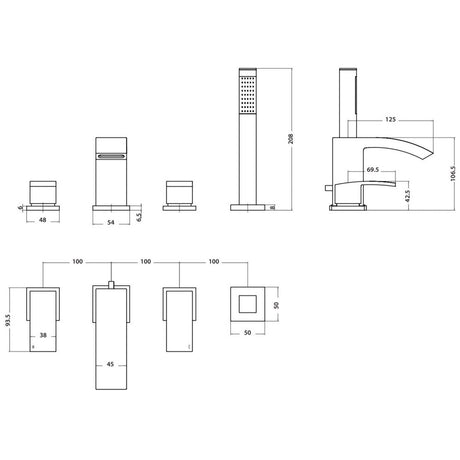 TAP254L Scudo Descent Chrome 4TH Bath Shower Mixer Line Drawing