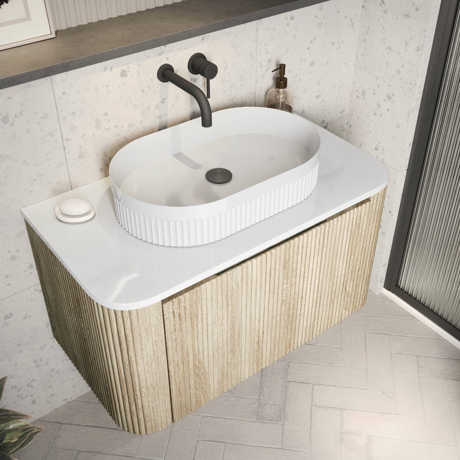Scudo Fluted Oval 575mm Countertop Basin lifestyle 1