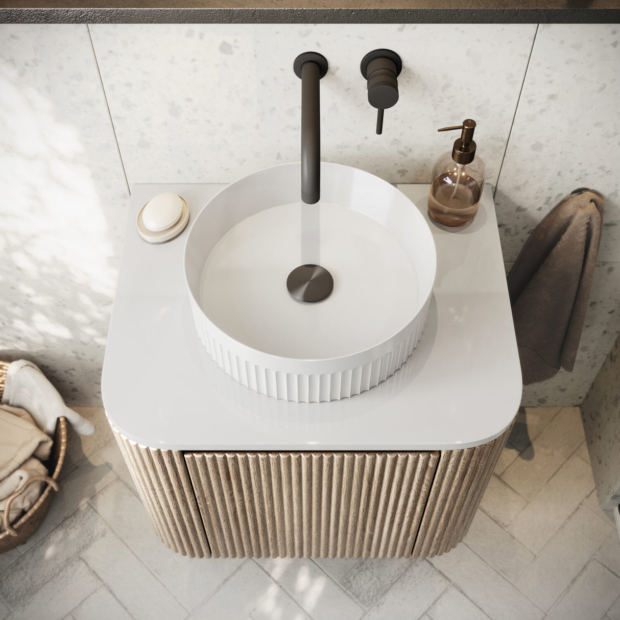 Scudo Fluted Round 360mm Countertop Basin lifestyle  2