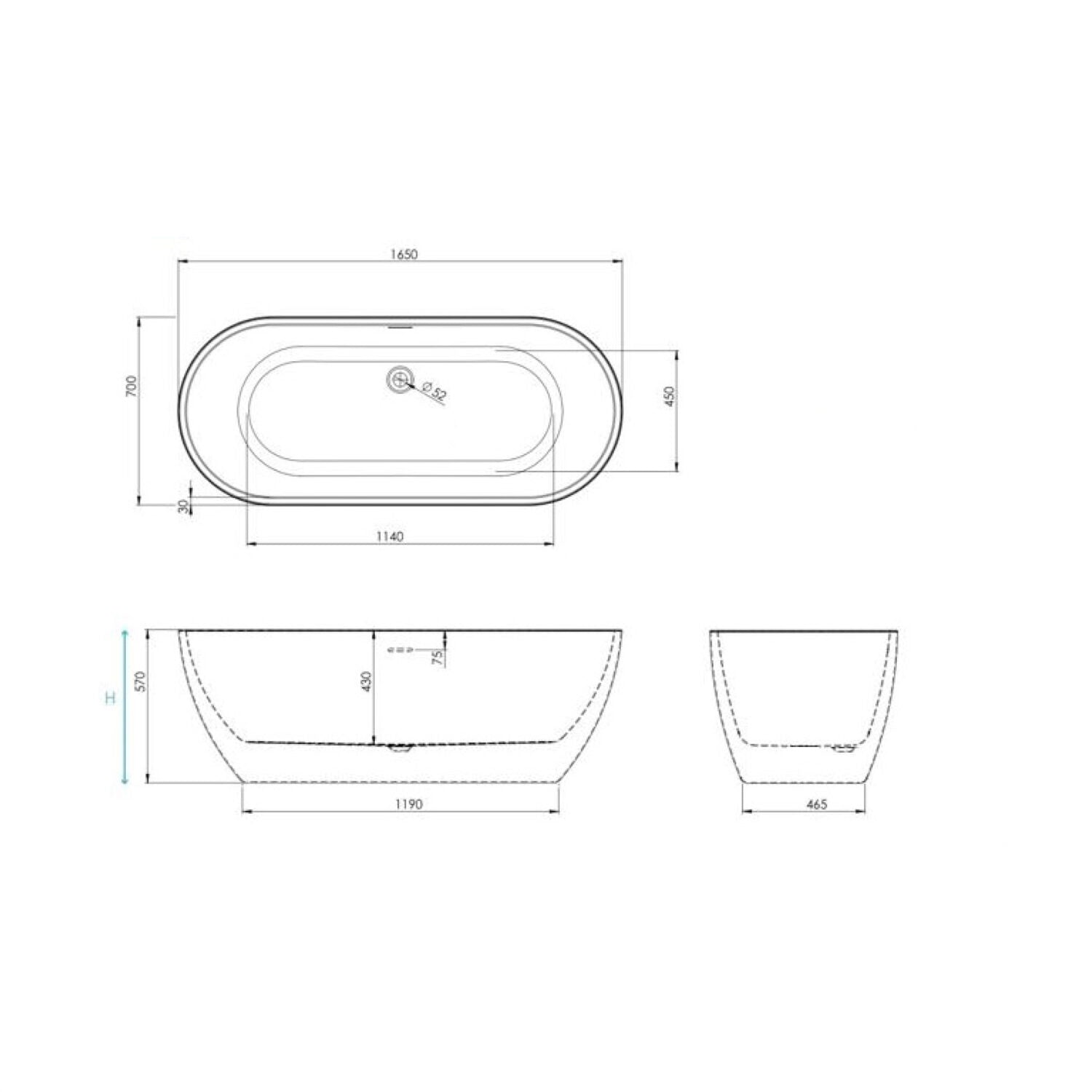 Scudo Form 1650 x 700mm Freestanding Bath image dimensions
