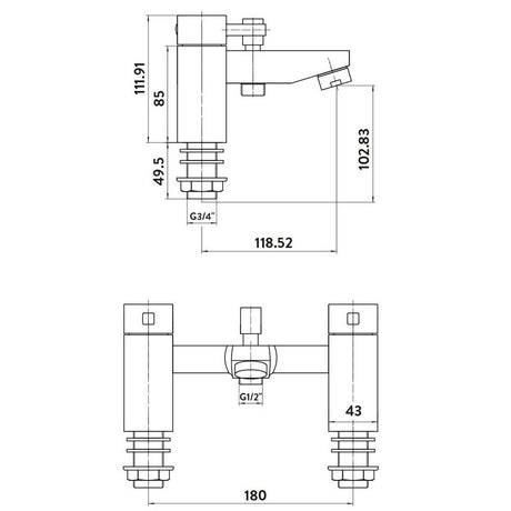 TAP012 Scudo Forme Chrome Bath Shower Mixer Line Drawing