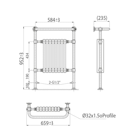 Scudo Harrogate 8 Column Traditional Towel Rail dimensions