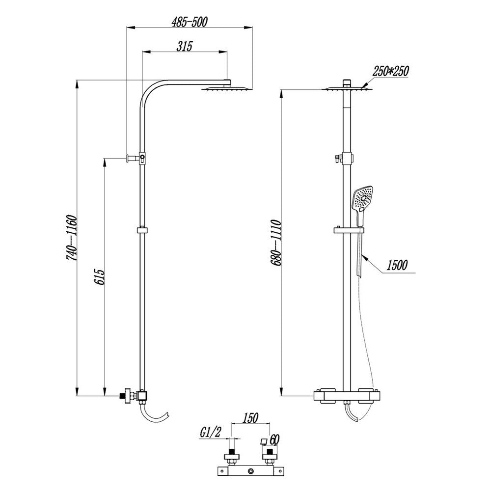 Scudo Helier Chrome Square Cool Touch Rigid Riser Shower Dimensions