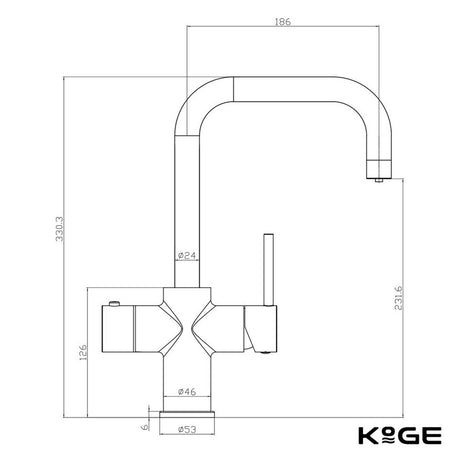 Scudo KoGE 3 in 1 Square Spout Boiling Water Tap in Brushed Brass dimensions