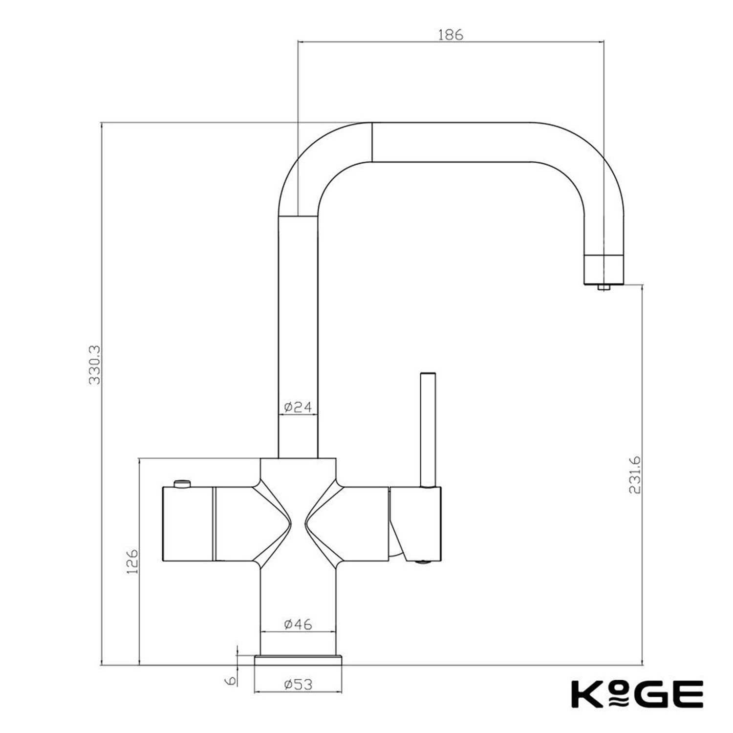 Scudo KoGE 3 in 1 Square Spout Boiling Water Tap in Matt Black dimensions