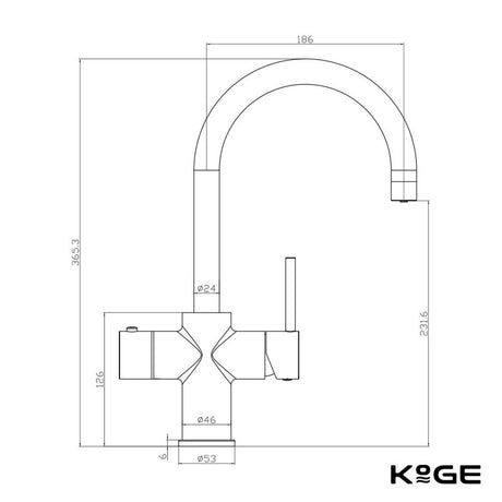 Scudo KoGE 3 in 1 Swan Spout Boiling Water Tap in Brushed Brass dimensions