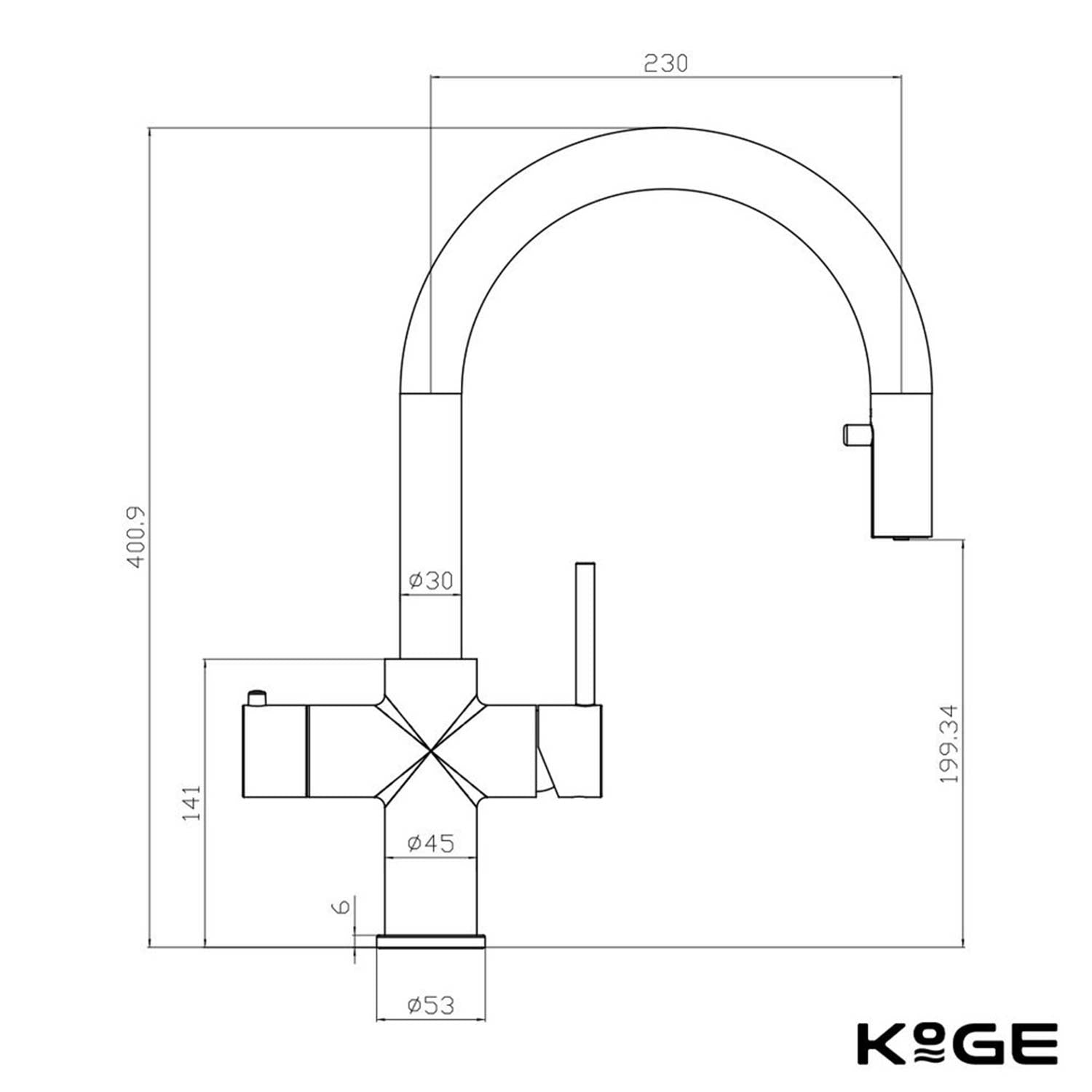 Scudo KoGE 4 in 1 Swan Pull Out Spout Boiling Water Tap in Matt Black dimensions