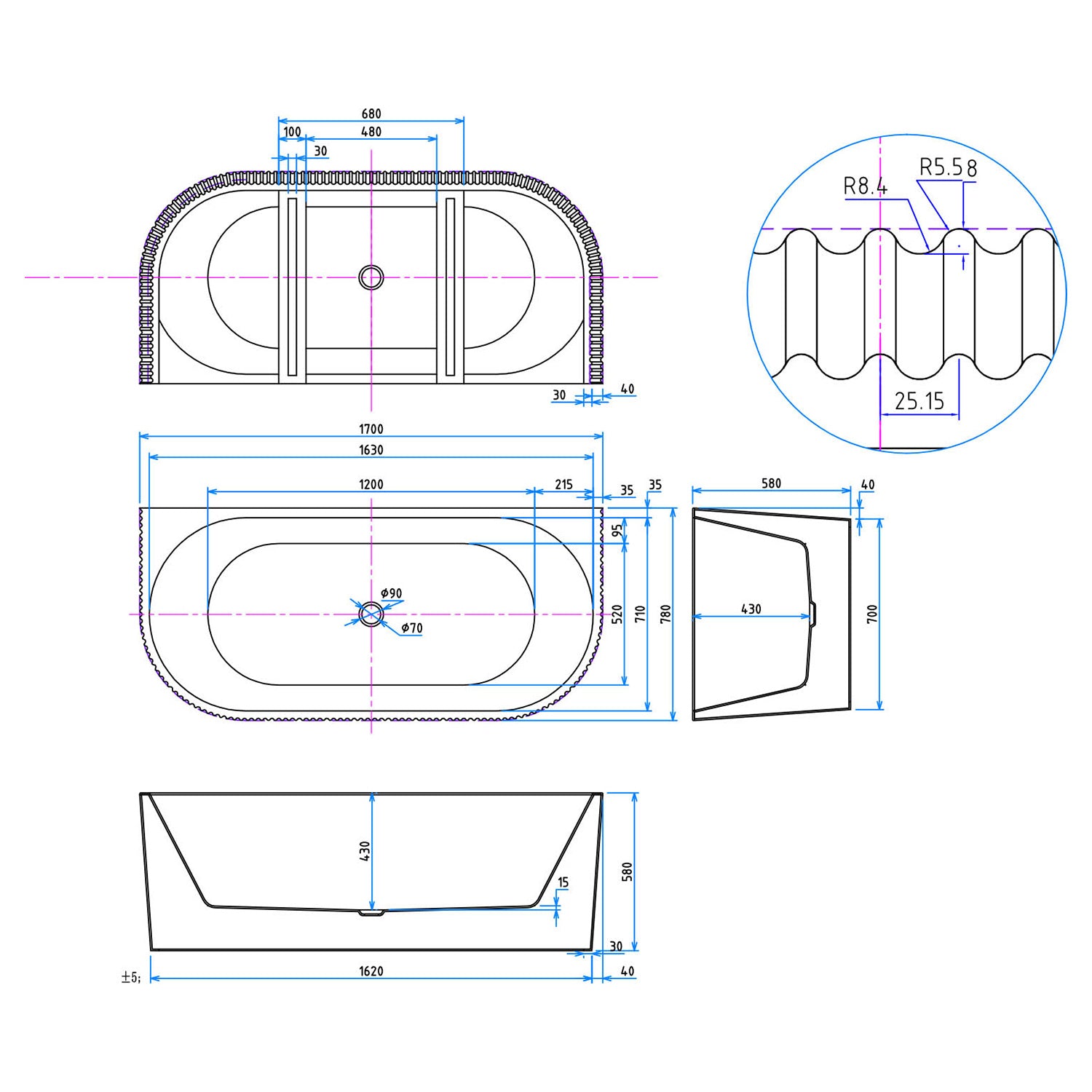 Scudo Labyrinth 1700 x 780mm Fluted Back to Wall Bath dimensions