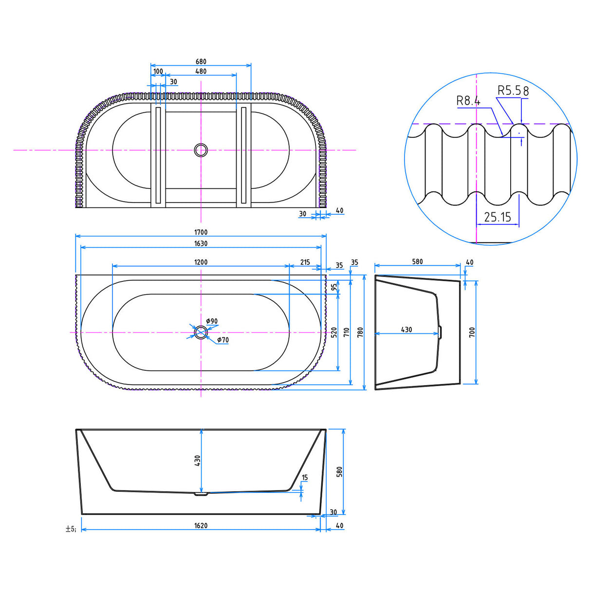 Scudo Labyrinth 1700 x 780mm Fluted Back to Wall Bath dimensions