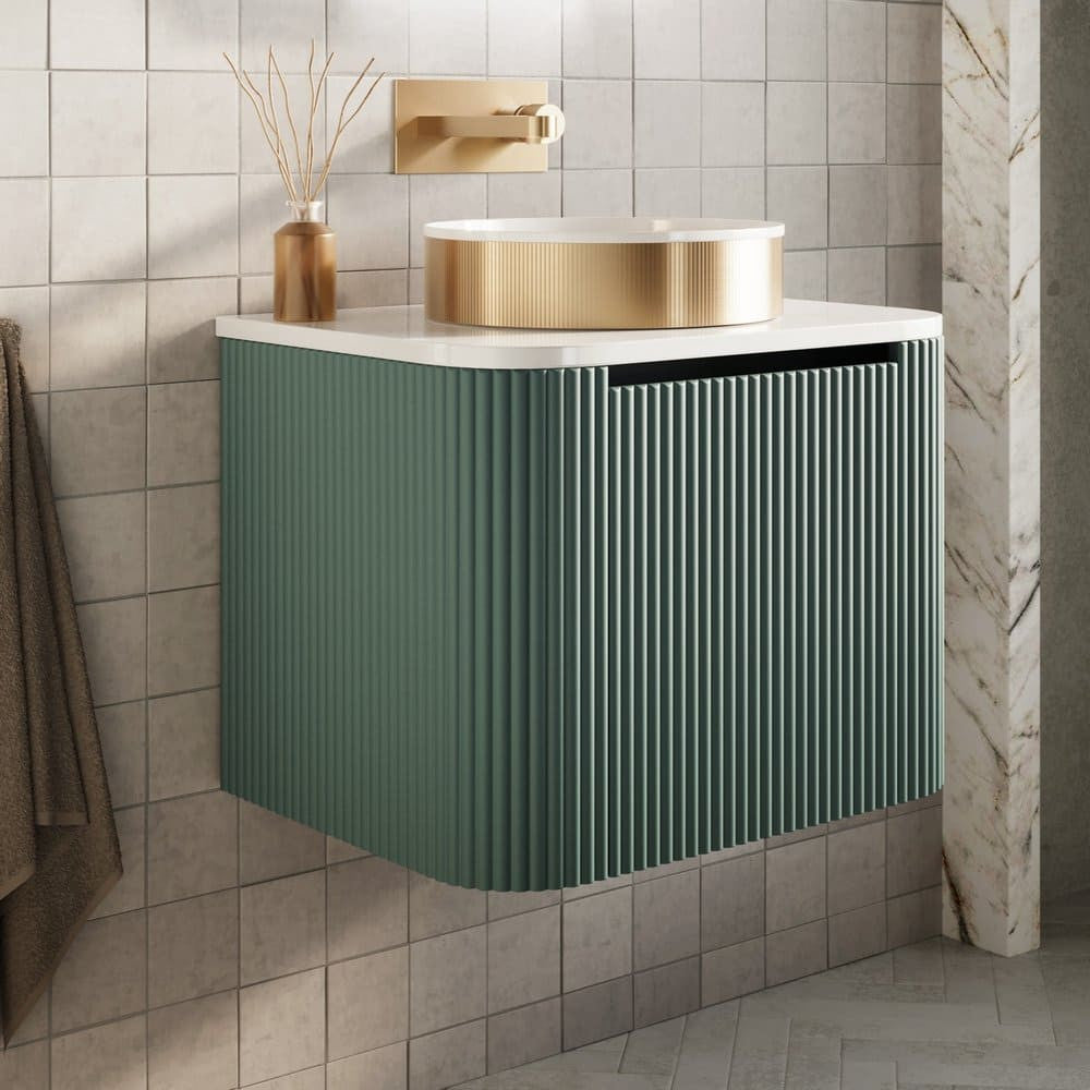Scudo Linea Curve 600mm Wall Hung Vanity Unit in Reed Green lifestyle