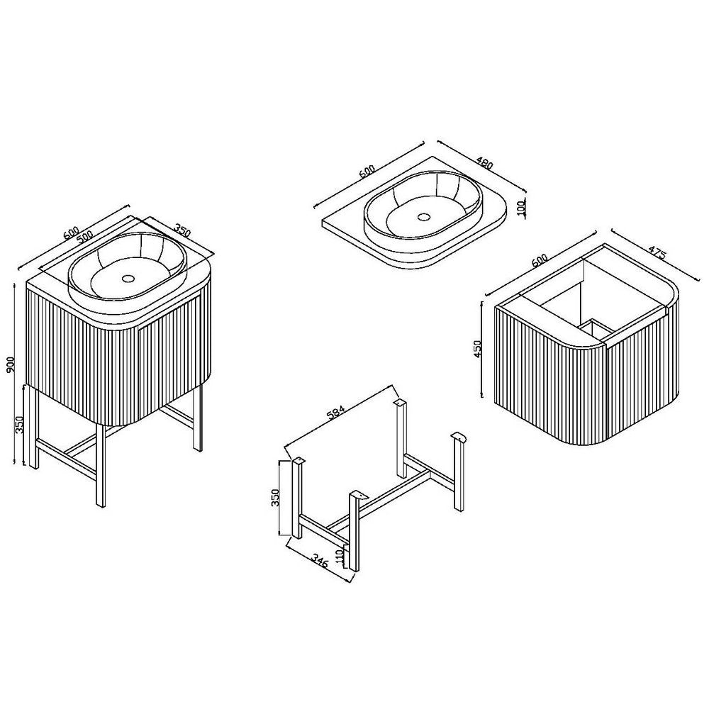 Scudo Linea Curve 600mm Wall Hung Vanity Unit in Sonoma Oak dimensions