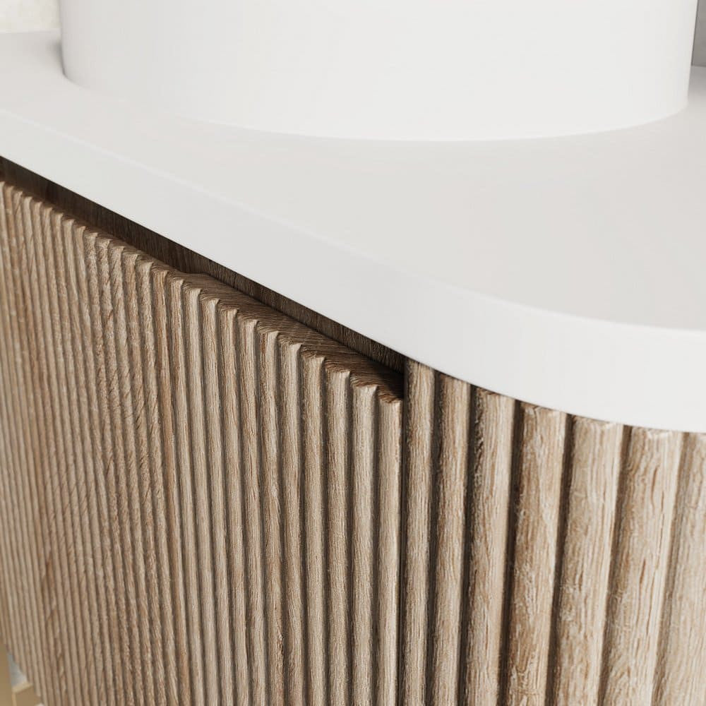 Scudo Linea Curve 600mm Wall Hung Vanity Unit with Curve Basin and Frame in Sonoma Oak close up