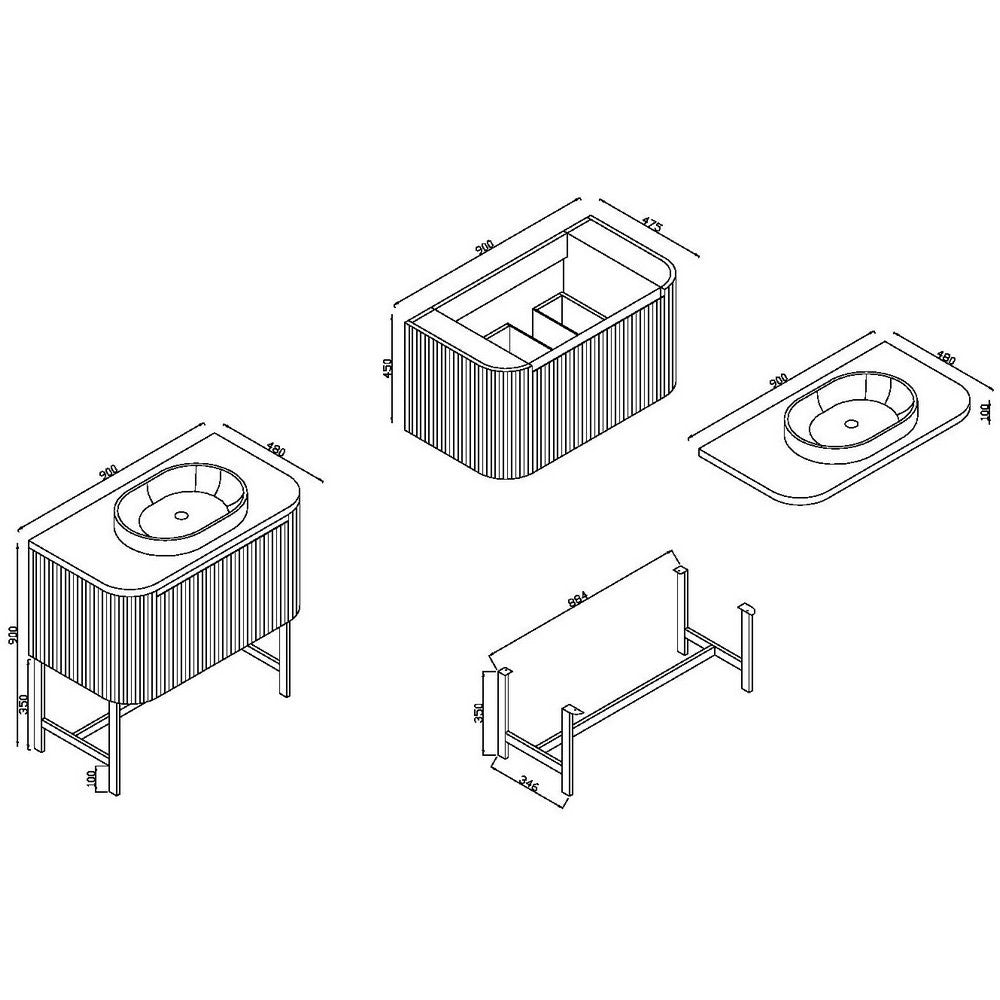 Scudo Linea Curve 900mm Wall Hung Vanity Unit with Curve Basin and Frame in Sonoma Oak dimensions