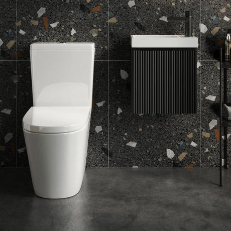 Scudo Linea Rimless Close Coupled Back to Wall Pan and Soft Close Seat Front View