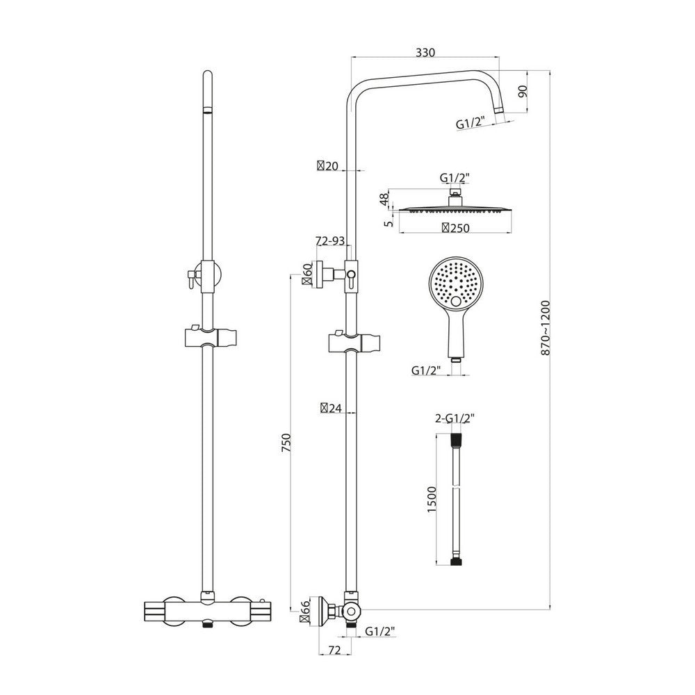 Scudo Messi Chrome Round Cool Touch Rigid Riser Shower Dimensions
