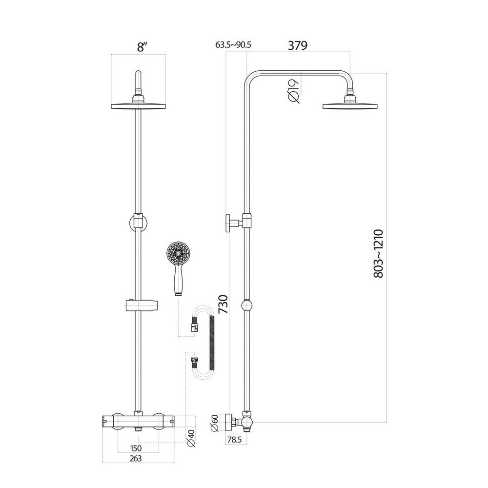 Scudo Middleton Black Round Rigid Riser Shower Dimensions