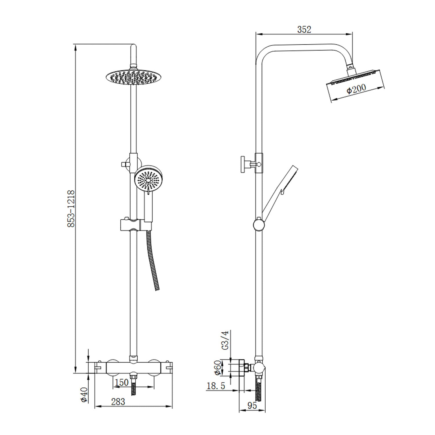 Scudo Middleton Round Rigid Riser Shower in Black measurements