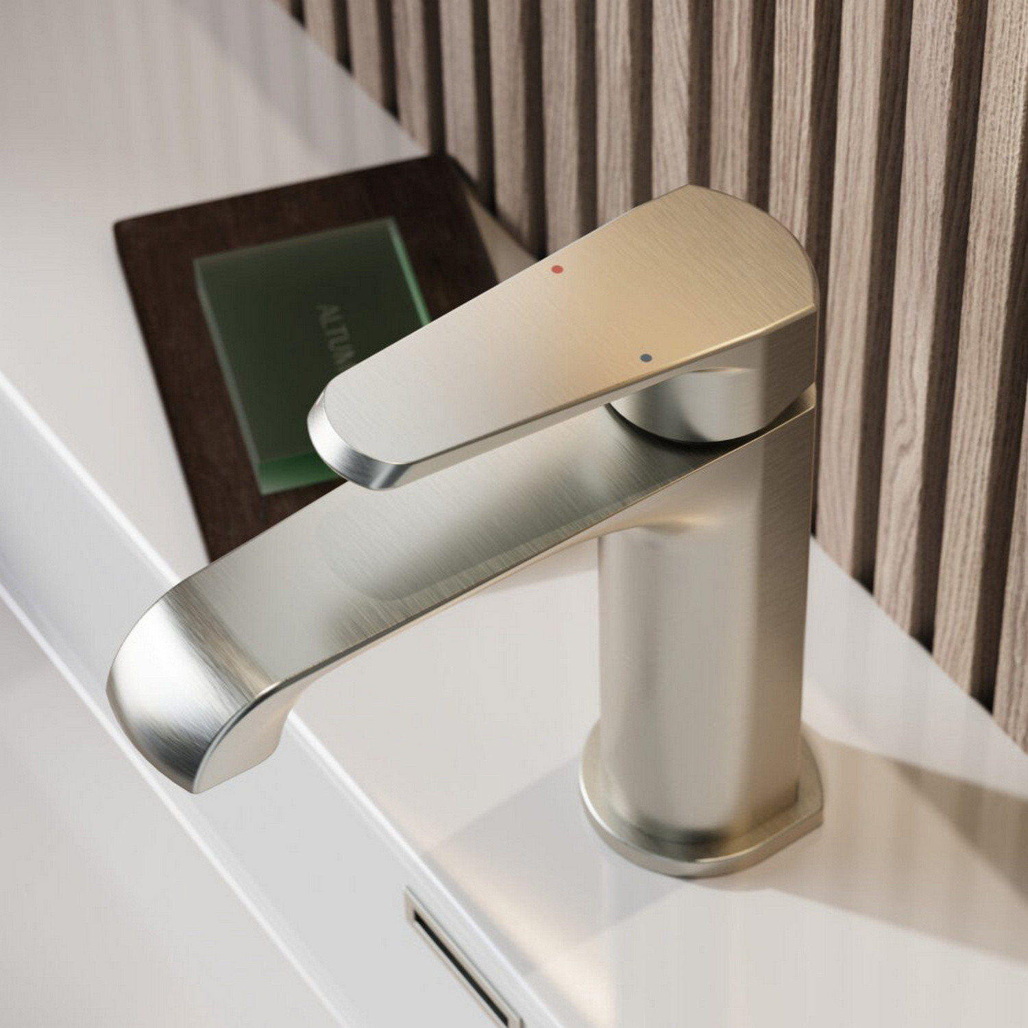 MON-013 Scudo Montana Mini Mono Basin Mixer in Brushed Nickel Bathroom Setting