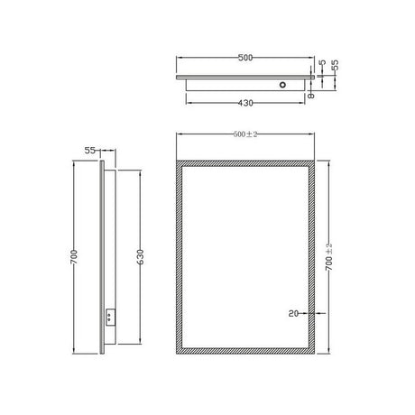 Scudo Mosca 500 x 700mm LED Mirror with Demister Pad and Shaver Socket dimensions