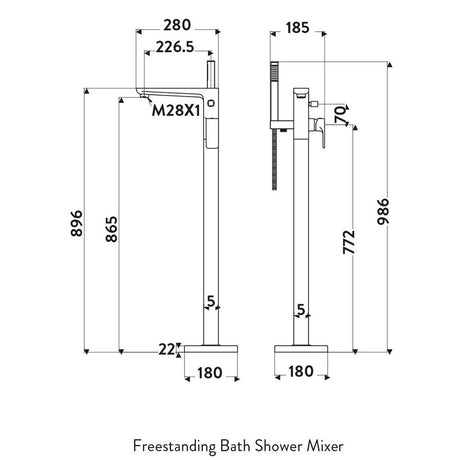 Scudo Muro Chrome Freestanding Bath Shower Mixer Dimensions
