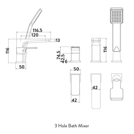 Scudo Muro Chrome Three Tap Hole Bath Mixer Dimensions