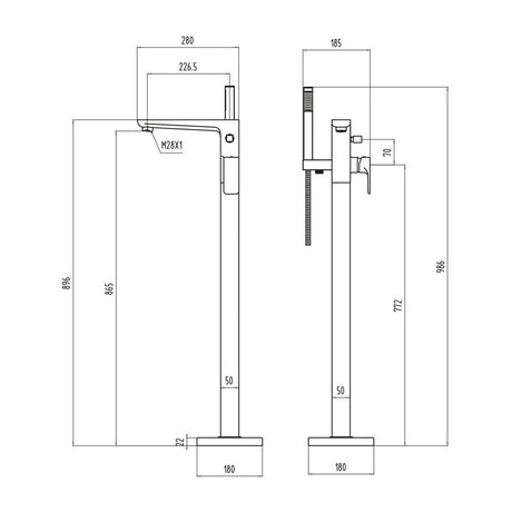 Scudo Muro Matt Black Freestanding Bath Shower Mixer dimensions